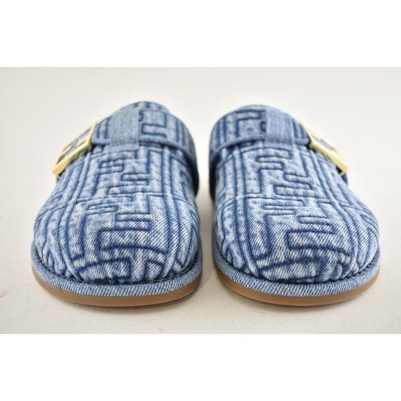 Fendi Feel Cotton Blue Denim FF Logo Gold Slip On Slide Clogs Mules Flats 40 - Picture 10 of 16
